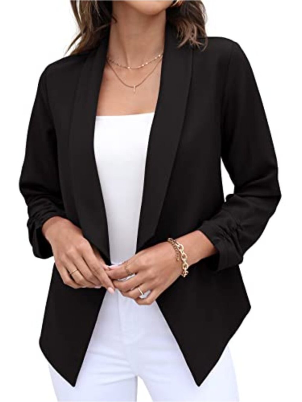 Womens Cropped Blazer Open Front Cardigan Ruched Sleeve Business Casual
